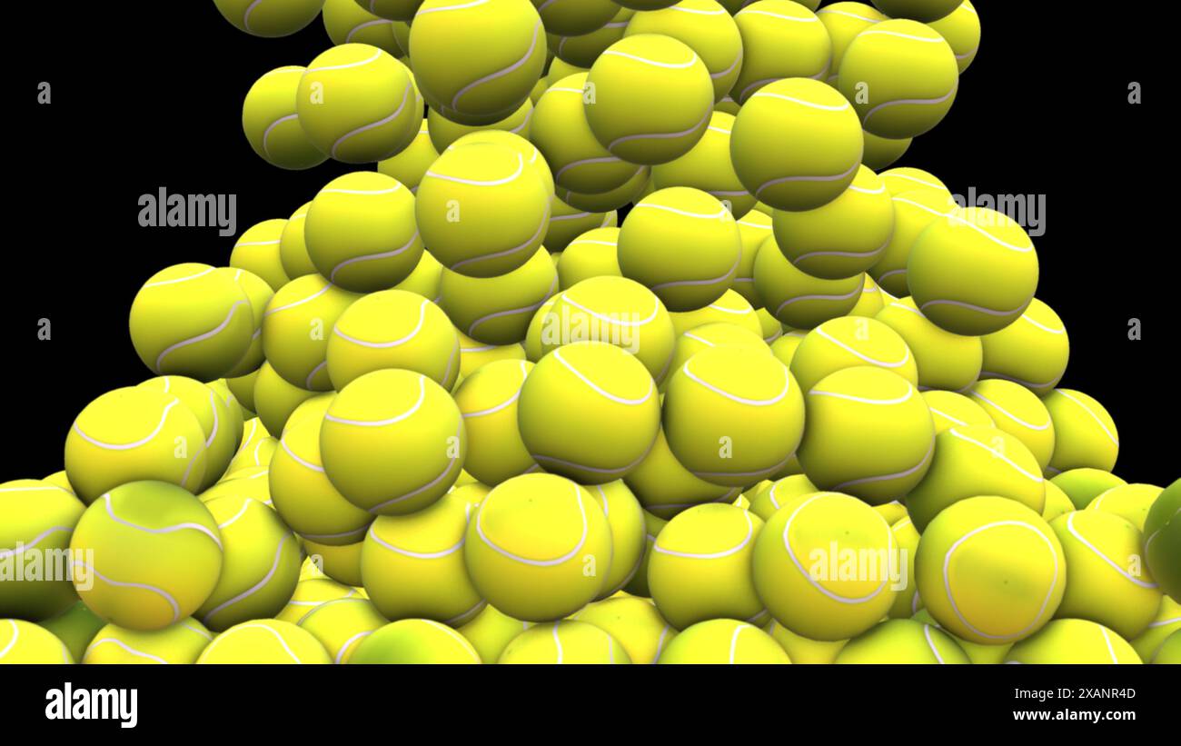 Ein digitales Bild, das einen Haufen Tennisbälle zeigt, als würden sie fallen und auf schwarzem Hintergrund kaskadieren. Stockfoto