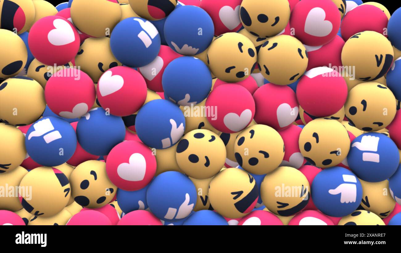Ein abstraktes digitales Bild mit einer chaotischen Sammlung von bunten Sphären, die verschiedene Social-Media-Emojis repräsentieren. Stockfoto