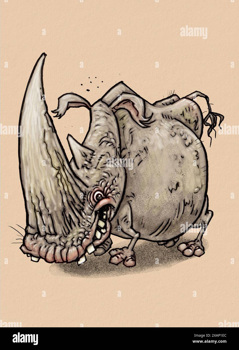 Lustige Kunst des Nashorns, pflanzenfressender Säugetiere, die in Afrika, Süd- und Südostasien beheimatet sind und oft als Inspiration für die Einhornlegende angesehen werden Stockfoto
