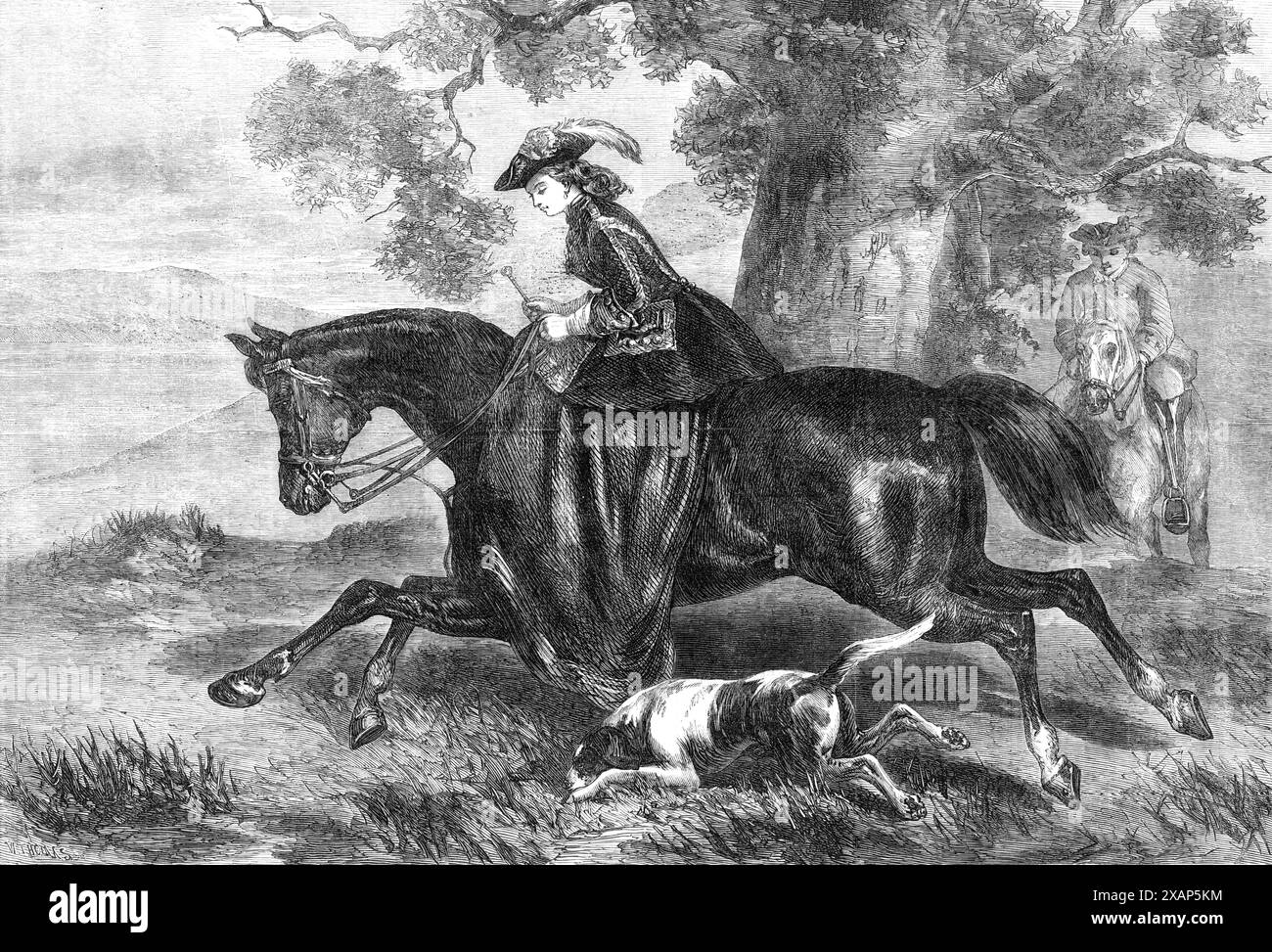 Full Cry, von F. Tayler, aus der Winterausstellung Nr. 7, Haymarket, 1868. Gravur einer Aquarellzeichnung. "Wer... hat nicht oft den perfekten Sitz bewundert, die willige Aktion von Pferd und Reiter, in allen Zeichnungen von Mr. Tayler, die edle Reitkunst und Reitermut all seiner Jagdfiguren, männlich oder weiblich? Aber wie oft siehst du nicht anderswo Darstellungen des Reitens, in denen entweder der Reiter wie ein akrobat auf einem Pferd sitzt, ohne das Tier zu halten, oder aber offenbar aus seinem Rücken wächst? Aus „Illustrated London News&quo Stockfoto