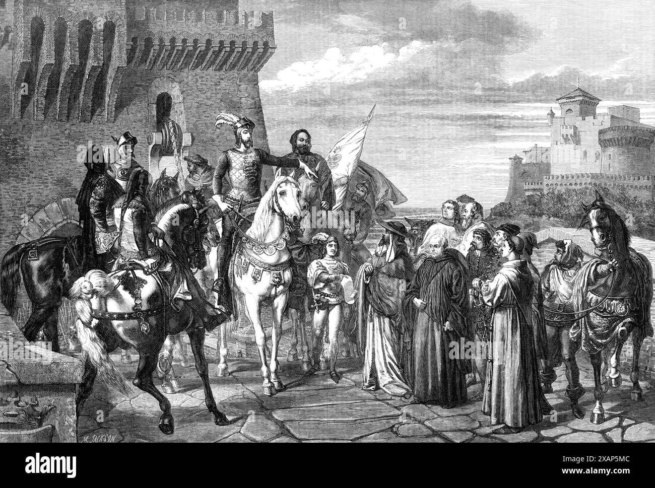 Bernabo Visconti, Herzog von Mailand, empfing den Nuntius von Papst Innozenz VI., 1361, von Giannetti, in der Kristallpalastausstellung, 1869. Gravur eines Gemäldes. "Das beeindruckende historische Bild... bezieht sich auf einen bekannten Vorfall der italienischen Geschichte, der die barbarische Grausamkeit und Unverschämtheit der ghibellinischen Adligen zeigt... Visconti hatte sich während der schrecklichen Pest in Mailand in der Burg von Marignano beschützt... und er hatte dadurch den Unmut des Papstes erlitten. Bernabo, nachdem er erfahren hatte, dass der Papst ihn exkommuniziert hatte, veranlasste er, dass die Ma Stockfoto