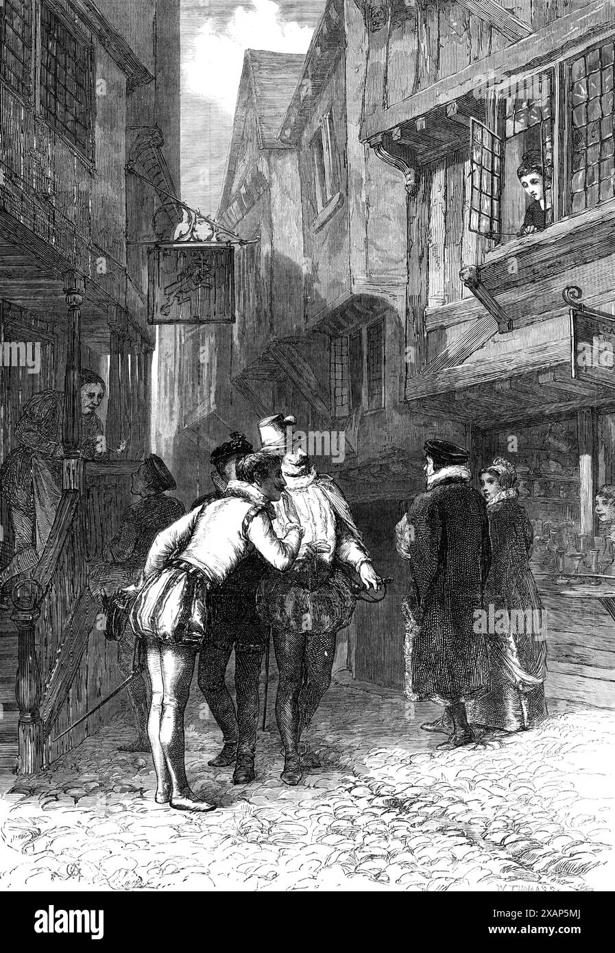 "Gallants", von A. C. Gow, in der Winterausstellung des Instituts für Maler in Aquarellen, 1869. Gravur eines Gemäldes. "Ein angenehmer Blick auf ein bisschen altes London... mit Figuren, die in den Kostümen der Tage der guten Königin Bess entsprechen... ein bisschen London, wie Shakspeare es vielleicht kannte. Hier ist eine der engen Gassen der antiken Stadt vor dem Großen Feuer, mit ihren seltsam unregelmäßigen Häuserreihen, hauptsächlich aus Holz gebaut, und mit ihren aufeinanderfolgenden überhängenden Geschichten und vorspringenden Traufe und Giebeln, ihren schmalen, kleinverglasten Flügeln... da geht die ruhige, wohltuende Stadt Stockfoto