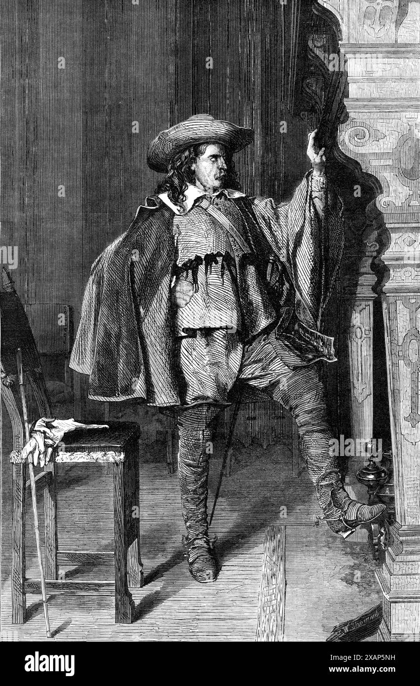 "Der Kavalier", von E. Meissonier, aus der Winterausstellung Nr. 7, Haymarket, 1868. Gravur einer Zeichnung, die wie viele der Werke des französischen Künstlers schlank von „Thema“ ist und vor allem wegen ihrer Verarbeitung Aufmerksamkeit verdient. Es ist nicht besonders interessant oder suggestiv, die Einzelfigur eines Kavaliers aus dem 17. Jahrhundert zu zeigen, gebootet und angespornt, von irgendeiner Reise zurückgekehrt, wie wir vermuten können, und die Zehen vor den Feuerhunden in einem alten Saal eines alten Schlosses gewärmt. Aber Kunst wie Meissonier ist fast unabhängig Stockfoto