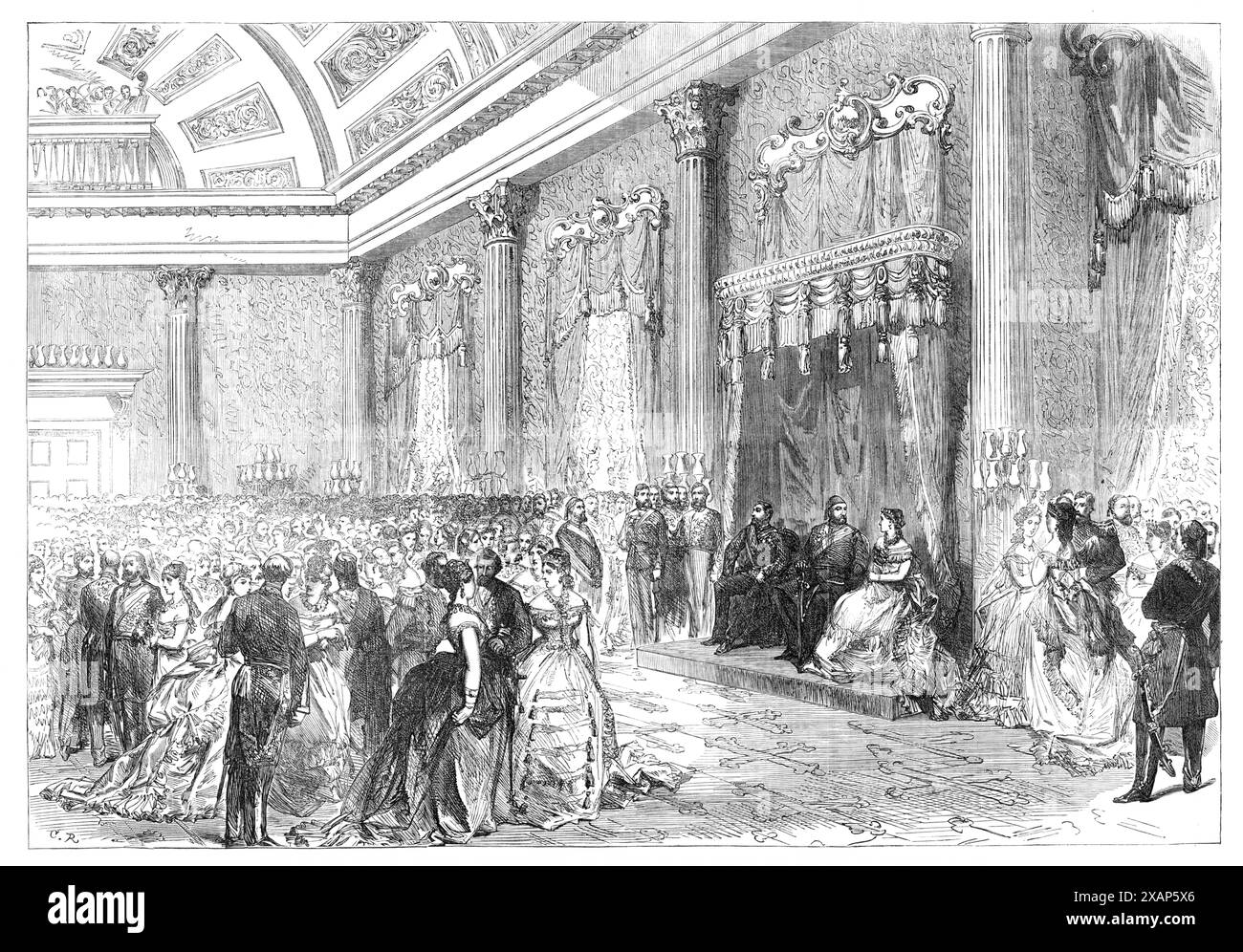Ball in der britischen Botschaft, Konstantinopel, zu Ehren des Prinzen und Prinzessin von Wales, 1869. Am Abend fand der große Ball in der britischen Botschaft statt, an der der Sultan und der zukünftige König Eduard VII. Und Königin Alexandra teilnahmen. Es war sicherlich der brillanteste Ball, den man je in Pera gesehen hat. Mehr als 600 Einladungen wurden an das diplomatische Gremium und die Elite der türkischen und Frank [d.h. westeuropäischen] Gemeinschaft gesendet. Der Sultan kam um halb zehn an, als der Prinz, Mr. Elliot, und ihre Suiten die Treppe hinuntergingen, um seine Majestät zu empfangen. Seine Königliche Hoheit führte die an Stockfoto