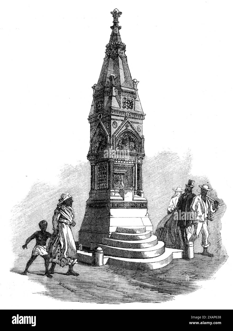 Trinkbrunnen bei Barbadoes, 1865. Der Wasserbrunnen in Bridgetown, der von Mr. J. F. Bentley, Architekt, entworfen wurde, wird geschickt in einer Adaption des frühen englischen Stils der Gotik behandelt; und Mr. T. Earp hat die Struktur, die 24 Fuß groß ist, geschickt ausgeführt. Hoch und hauptsächlich aus Portland-Stein, das Becken besteht aus grauem Derbyshire-Marmor, die Säulen aus grünem Serpentinmarmor aus Cornish... mit einer Corona aus Portland-Stein... die Zwischenräume zwischen den Säulen, den Vierfachfolienpaneelen und dem Gesims sind mit den Enkaustikfliesen von Minton und Maw in harmonisch variiertem Farbkolben eingelegt Stockfoto