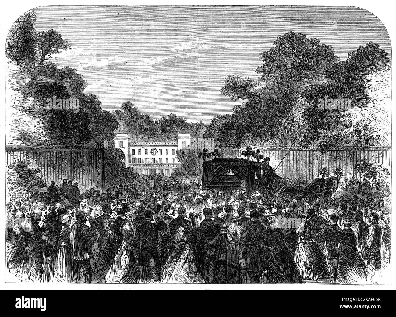 Beerdigung des verstorbenen Lord Brougham in Cannes, 1868. Lord Brougham... wurde in Cannes begraben, einem Ort, für den er immer eine große Zuneigung hatte... und an dem er in den letzten 32 Jahren seines Lebens mehr verbrachte als in England. Er ruht unter Freunden und Nachbarn, die seine großen und guten Qualitäten schätzten und schätzten. Die Beerdigung fand am Sonntag, dem 10. Mai, statt. Im gesamten Bezirk wurde ein universeller Wunsch geäußert, ihm eine öffentliche Beerdigung zu geben, aber diese Ehre wurde abgelehnt. Er liegt in der evangelischen Kirche, in der er mehr als 30 Jahre lang regelmäßiger Begleiter war Stockfoto