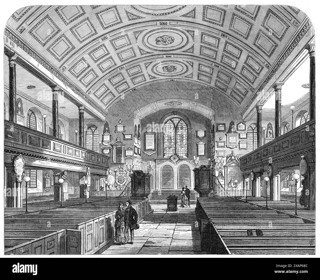 Kensington Old Church, 1869. "Der Abriss der alten Pfarrkirche St. Mary Abbot's, Kensington (im Westen Londons), um eine neue Kirche zu bauen, die von Mr. Gilbert Scott entworfen wurde, gab uns kürzlich Gelegenheit, einen Blick auf das ehemalige Gebäude zu werfen, das nie für schön gehalten worden war. aber sie waren allen Londonern bekannt geworden, die die westlichen Vororte besuchten. Wir gaben gleichzeitig eine kurze Beschreibung und Geschichte des Gebäudes, auf dem es unnötig ist, in Verbindung mit unserer jetzt veröffentlichten Illustration des Innenraums erneut zu verweilen. Sein Aspekt, wie hier dargestellt, ist vielen Einwohnern von bekannt Stockfoto