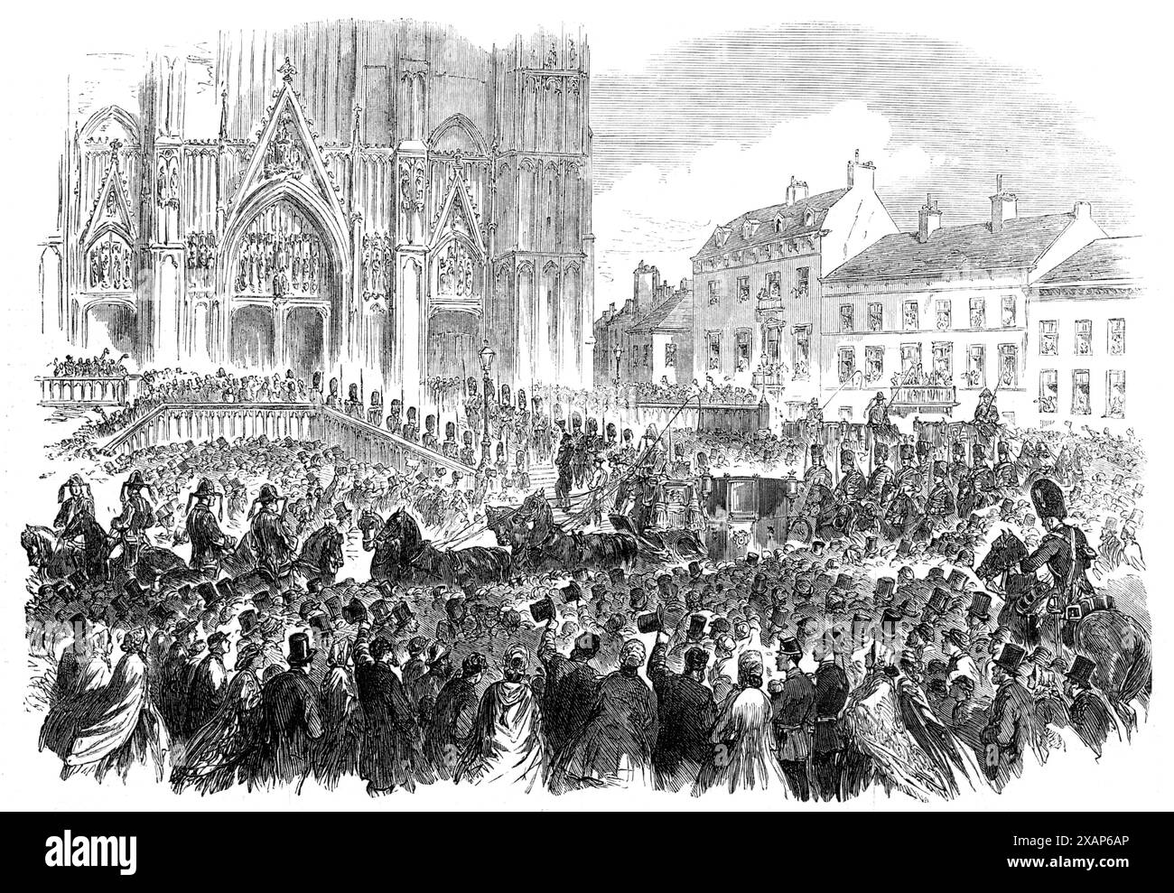 König Leopold II. Betritt die Kirche St. Gudule in Brüssel - nach einer Skizze unseres besonderen Künstlers, 1865. Am Tag nach der protestantischen Beerdigung seines Vaters nahm seine Majestät, die katholisch ist, an der Gottesverehrung in der Kirche St. Gudule Teil, wo ein Te Deum mit großem Pomp und Zeremonie als Weihe der neuen Herrschaft aufgeführt wurde. Aus Illustrated London News, 1865. Stockfoto