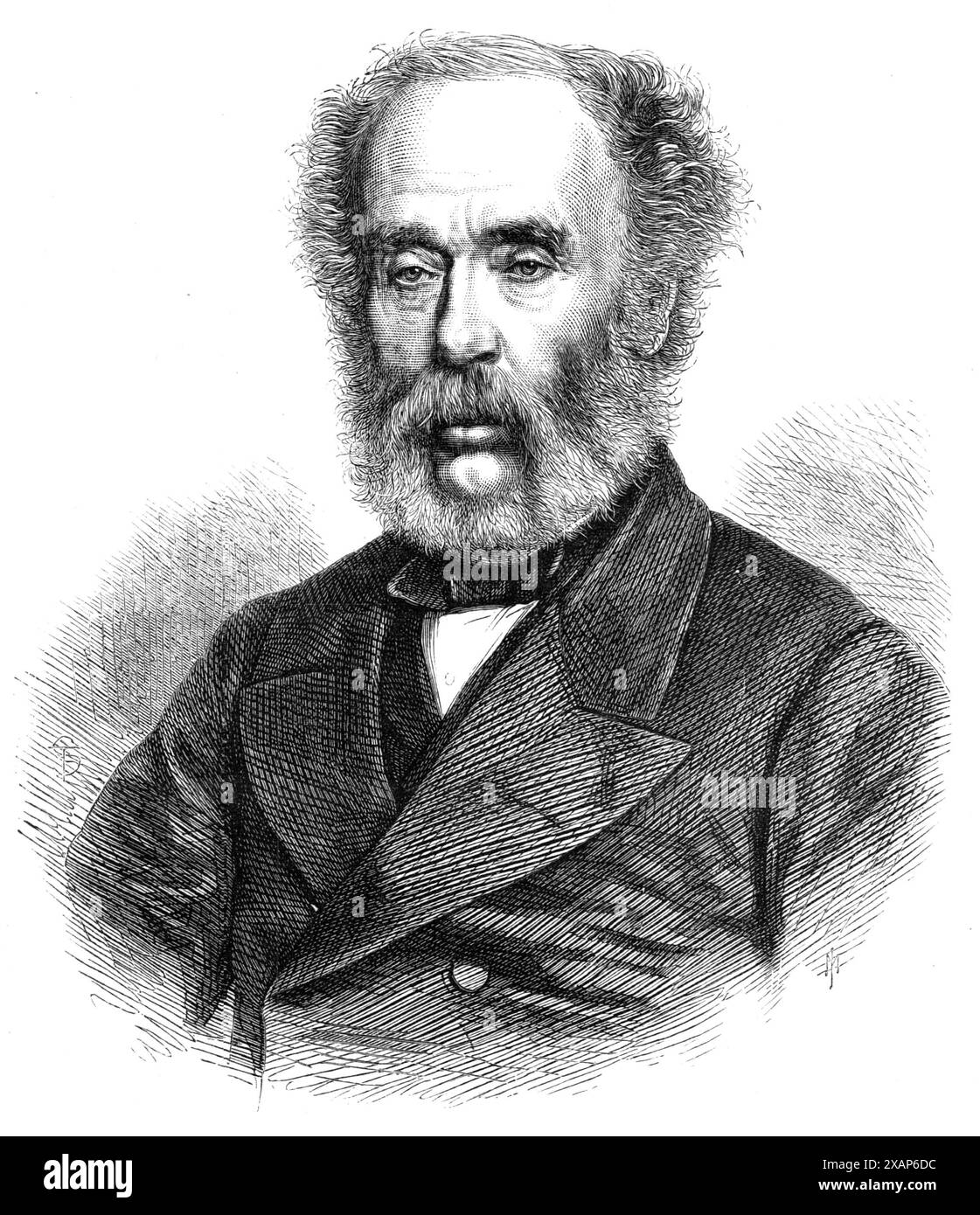 Joseph Whitworth aus Manchester, Gründer der Whitworth-Stipendien für Mechanische Wissenschaft, 1868. Gravur einer Fotografie von John Watkins von einem der größten Mechaniker seiner Zeit, dem Leiter einer umfangreichsten Maschinenfabrik in Manchester, und der Autor einiger der wertvollsten Erfindungen, die heute in Gebrauch sind... die Allgemeinheit der englischen Handwerker... wurde nie gelehrt, über die Angelegenheiten und Prozesse ihres Handwerks nachzudenken, und sind in der Regel ziemlich unwissend über ihre wissenschaftlichen Beziehungen... das moderne System der Fabrikorganisation tendiert dazu, sie in eine strenge Weise umzuwandeln Stockfoto