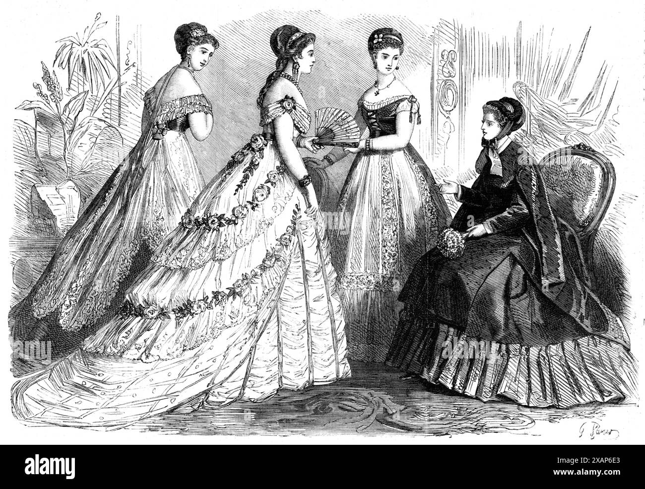 Pariser Mode für Februar 1868. „Abb. 1. Abendkleid. Robe &#xe0; Schlange aus hellblauem Satin...darüber trägt man eine Marie-Antoinette aus satter weißer Spitze...die Corsage ist niedrig, mit zwei Reihen weißer Spitze, die über das blaue Satin Mieder fallen...Abb. 2. Ballkleid, mit einem Unterteil aus gepufftem Tüll... der Oberteil aus gepunktetem Tüll ist an der Taille abgeneigt und bildet einen langen Zug. Ein dritter Jupe Marie-Antoinette... ist mit zwei tiefen Borten aus satter Spitze besetzt und mit Kränzen aus gelben Rosen zusammengesetzt... die niedrige Corsage, mit weißer Spitze besetzt, ist an der Taille hinten mit einem Cluster verziert Stockfoto