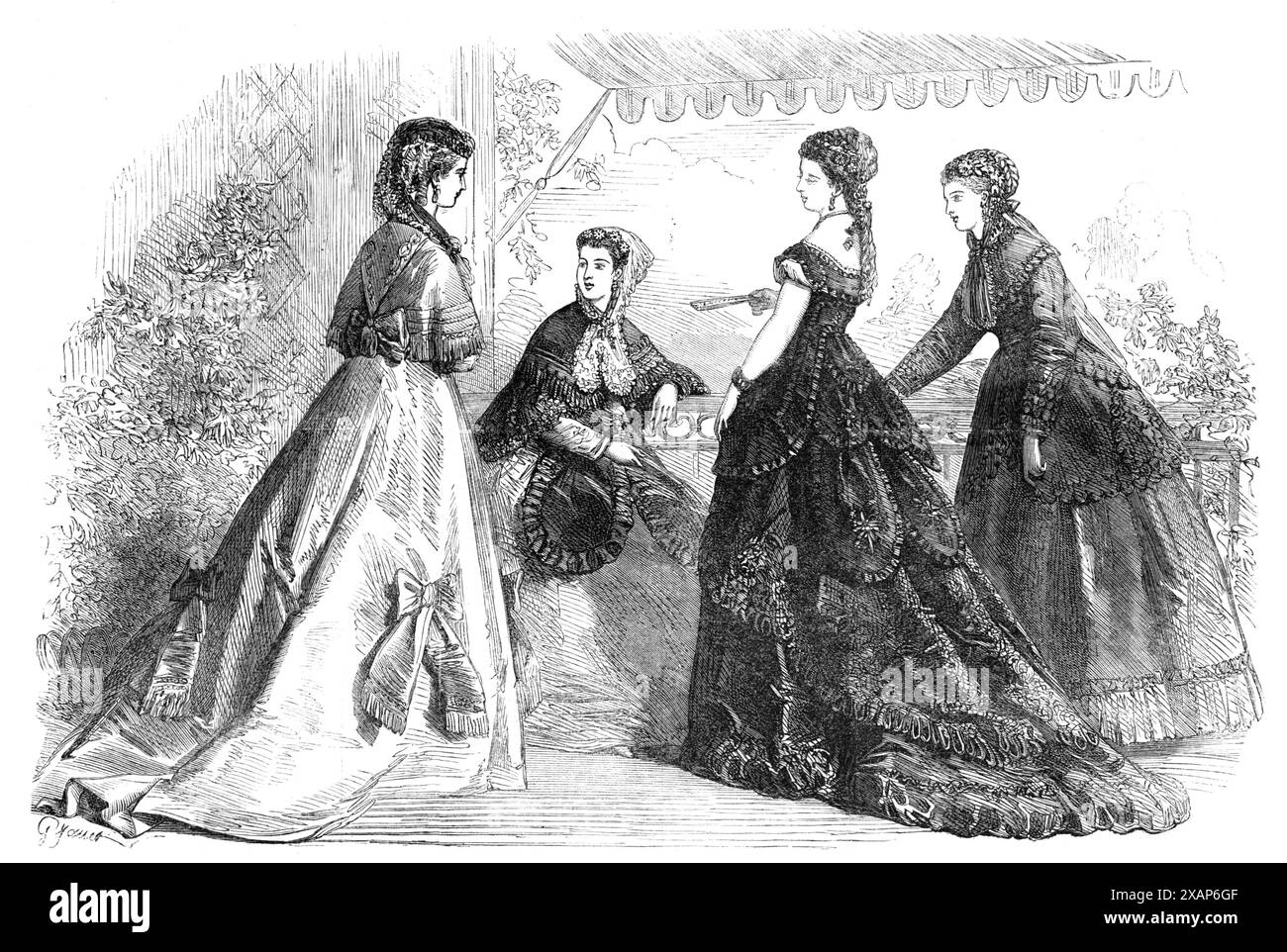 Pariser Mode für Mai 1868. „Abb. 1. Toilette de Promenade... aus violettem Taft; der Jupe im unteren Teil mit großen Bögen und Fransenplättchen verziert...die hohe Corsage wird von einem mit Seidenfransen besetzten cape begleitet, und hinten mit einer kleinen, spitzen Kapuze verziert... dieses cape ist hinten mit einer großen Schleife an der Taille befestigt... das Chapeau Manola aus schwarzem Strohhalm ist oben fast flach und mit einer einzelnen Rose besetzt. und ein großer Schleier aus schwarzem Tüll, der die Rückseite des Chapeaus bedeckt... Abb. 2. Toilette de Promenade aus grauem Poult-de-Soie... getrimmt mit einem dreifachen BI Stockfoto