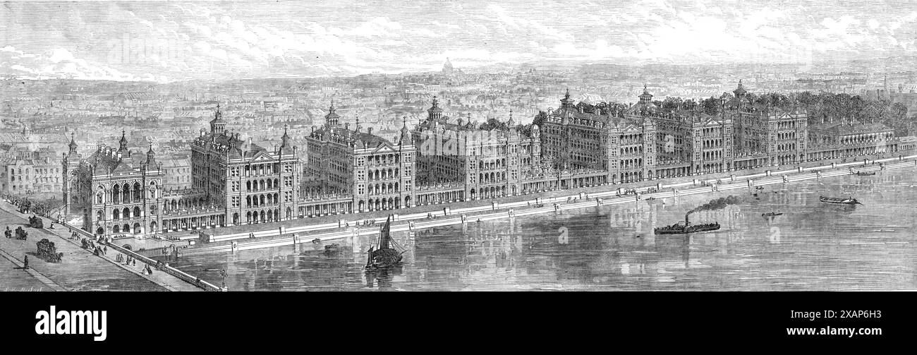 Vorgeschlagene Neubauten des St. Thomas's Hospital in Stangate, Lambeth, oberhalb der Westminster Bridge, 1865. Ansicht mit dem Entwurf von Mr. Henry Currey... für den Bau von Mr. Thomas Webster... die verschiedenen Blöcke... befinden sich in einer Entfernung von 125 Fuß. Von einander... Gänge verlaufen über die gesamte Länge des Krankenhauses... die Betten werden in Abständen von 8 Fuß aufgestellt. Von Mitte zu Mitte, und die Fenster sind abwechselnd mit den Betten angeordnet, auf einer Höhe, die es dem Patienten ermöglicht, aus ihnen zu schauen...die Unterkunft wird insgesamt für 588 Patienten ausreichen...die Kapelle, in der Mitte des Gebäudes Stockfoto