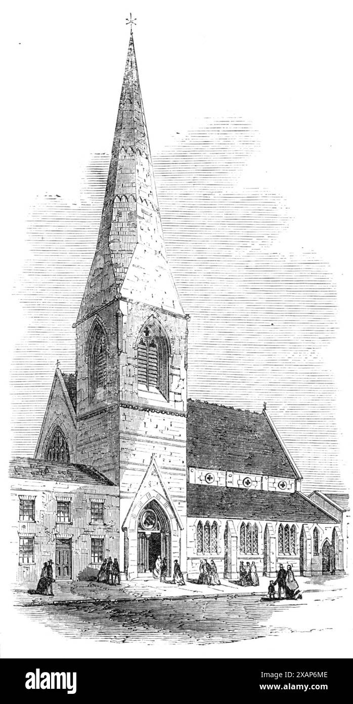 St. John der Evangelist, St. George's-in-the-East, 1869. Diese Kirche steht in der Grove-Street, Handelsstraße Ost. Es ist ein hübsches und hübsches kleines Gebäude, gebaut aus Ziegel und Stein, im sogenannten "Mittelspitzstil" der Architektur... es nimmt einen Ort ein, der früher ein cooper's Yard war, und es bildet ein entschlossenes Ornament und das markanteste architektonische Merkmal in der unmittelbaren Umgebung, in der es sich befindet. Die Kirche umfasst etwa 600 Sitzplätze. Es ist sehr geschmackvoll gestaltet, sowohl innen als auch extern. Die Architekten waren Francis Brothers und die Stockfoto