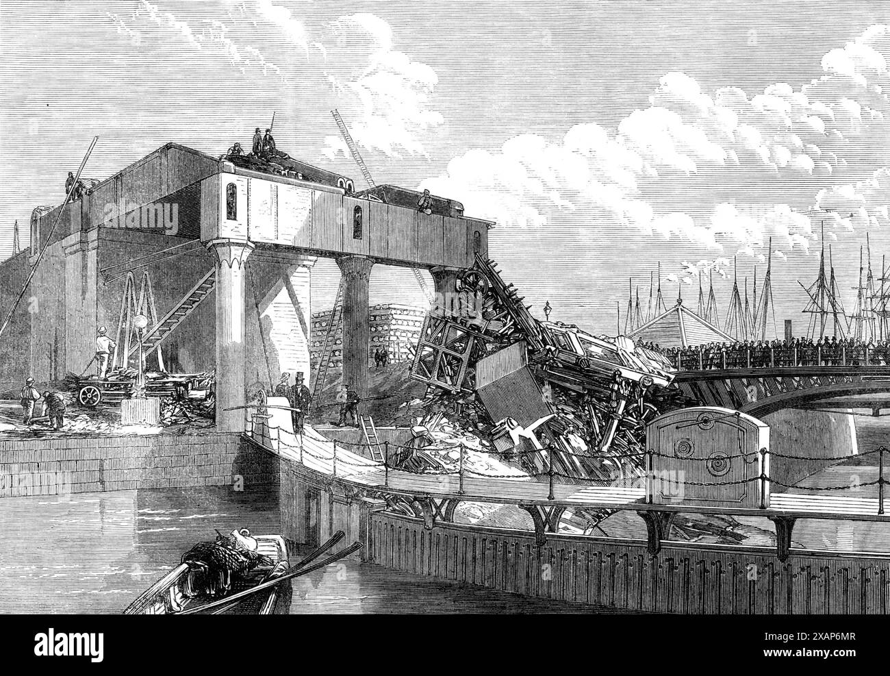 Ort des Eisenbahnunglücks in Swansea, [Südwales], 1865. Gravur von einem Foto von Mr. Gulliver. "Der Unfall, der... in der Nähe des Endpunkts Swansea der Vale of Neath Railway geschah, war eine sehr bemerkenswerte Art. Es scheint, dass die Eisenbahn dort über eine eiserne Zugbrücke führt... diese Brücke wird mit einem beweglichen Teil in der Mitte gebaut, die nach eigenem Ermessen durch die Kraft eines der hydraulischen Motoren von Sir W. Armstrong zurückgenommen oder ersetzt werden können, um den Eingang zum Dock für die Durchfahrt der Schiffe zu öffnen. Um sechs Uhr an dem Morgen, als die Kohlezüge in Betrieb waren Stockfoto