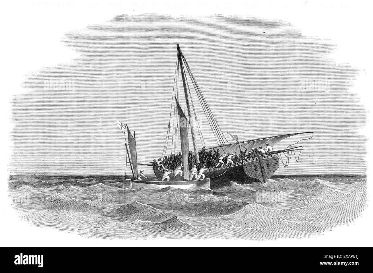 Unterdrückung des Sklavenhandels an der Ostküste Afrikas: Der Cutter von H.M.S. Daphne nimmt eine Sklavendau vor Brora, 1869. "Die Araber, die im Sklavenhandel tätig sind, riskieren, wenn sie eine Flucht für unmöglich halten, lieber das Leben der Sklaven und zerstören ihr Schiff, als von einem britischen Schiff gefangen genommen zu werden, und viele Menschenleben gehen häufig beim Versuch an Land zu laufen. Aus den Informationen, die unsere Offiziere von befreiten Afrikanern erhalten haben, geht hervor, dass die Araber ihren erbärmlichen Sklaven die Notwendigkeit nahe legen, alles zu tun, um zu verhindern, dass sie in die Hände fallen Stockfoto Unterdrückung des Sklavenhandels an der Ostküste Afrikas: Der Cutter von H.M.S. Daphne nimmt eine Sklavendau vor Brora, 1869. "Die Araber, die im Sklavenhandel tätig sind, riskieren, wenn sie eine Flucht für unmöglich halten, lieber das Leben der Sklaven und zerstören ihr Schiff, als von einem britischen Schiff gefangen genommen zu werden, und viele Menschenleben gehen häufig beim Versuch an Land zu laufen. Aus den Informationen, die unsere Offiziere von befreiten Afrikanern erhalten haben, geht hervor, dass die Araber ihren erbärmlichen Sklaven die Notwendigkeit nahe legen, alles zu tun, um zu verhindern, dass sie in die Hände fallen Stockfoto