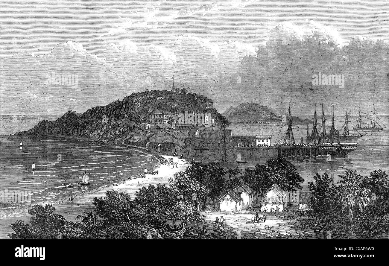Taboga, Bucht von Panama, 1868. "Der Hafen von Panama, der an der westlichen oder pazifischen Küste der Mittelamerikas liegt, ist der Ort von Dampfschiffen, die mehreren in England oder den Vereinigten Staaten niedergelassenen Unternehmen für die kommerzielle Schifffahrt im Pazifischen Ozean gehören. Die Schiffe der Panama, Neuseeland und der Australian Royal Mail Company of London ankern nach der Landung ihrer Passagiere in der Nähe von Flamenco in der Bucht von Panama vor der etwa zehn Meilen von der Stadt entfernten Insel Taboga; und hier auch die der Pacific Steam Navigation Company aus Liverpool, die eine betreibt Stockfoto