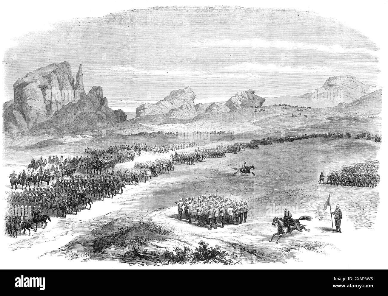Die Abessinier-Expedition: Rückblick auf die britische Armee zum Geburtstag der Königin, in Senafe [in Eritrea], 1868. Nachdem Sir Robert (Napier) an der Linie vorbeigegangen war, nahm er eine Position bei seinem Stab und allen ausländischen Offizieren an, und die Truppen gingen alle vor ihm vorbei. Die 3. Dragonergarde unter Colonel Tower, die 12. Punjaub-Kavallerie, die Marinekontrolle unter Captain Fellowes, der Mule Mountain Train unter Colonel Penn, die Royal Engineers unter Major Pritchard, das 4. (King's Own), das 33. Und 45. Regiment und das Beloochee Bataillon... Das Erscheinungsbild Stockfoto