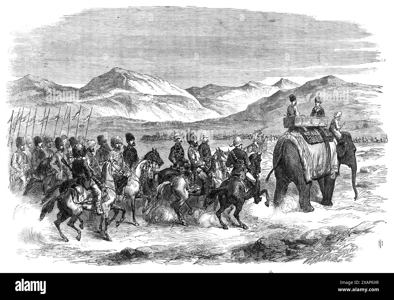 Der Ameer von Cabool auf dem Weg nach Peshawur, 1869. "...die Ameer-Party und die Begleitperson, die Jumrood passierte, [auf dem Weg zu Lord Mayo, Generalgouverneur von Indien in Umballah im Punjab, Indien]...der Khyber-Pass wurde im Hintergrund gesehen... sie wurden von einer Ehrengarde getroffen, bestehend aus einer Batterie der Royal Horse Artillery, unter Captain Markham, und die 19. bengalische leichte Kavallerie (Fane's Horse), die nach Jumrood geschickt wurde, dem letzten Außenposten auf unserem Territorium, um die Ameer zur Peschawur-Station zu eskortieren. Der Kommissar, Major Pollock, mit dem Brigadeer, Major-GE Stockfoto