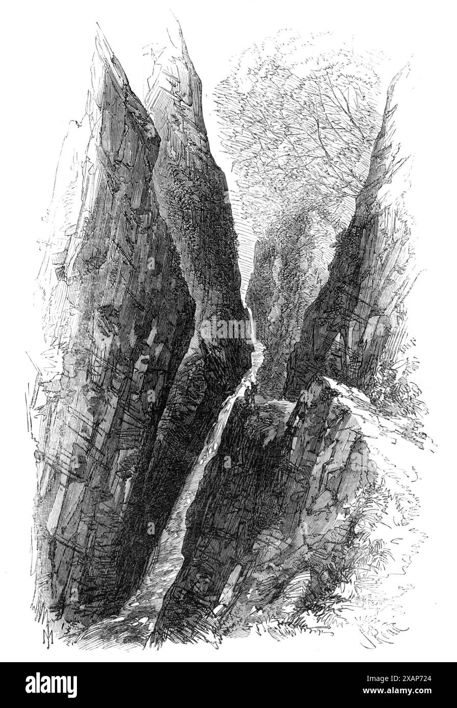 Die Devon Valley Railway in Schottland: gorge in the Burn of Care, Castle Campbell, 1869. "Viele der Spalten oder Schluchten in den Ochils, wo die Berglandungen in die Ebene unten hinabsteigen, sind einzigartig schön; so sind Alva Glen und Tillicoultry-Penner, aber das bemerkenswerteste ist Dollar Glen. Dies ist den Touristen schon lange bekannt, aber die schönsten Ausblicke auf die Felsen und Stromschnellen des Burns wurden erst in den letzten Jahren für den gewöhnlichen Reisenden geöffnet. Es ist ein fein bewaldetes, schmales Tal, oder besser gesagt Schlucht, mit steilen Wandabstürzen, die an einem Teil zu einer großen Höhe steigen, und der Dolla Stockfoto