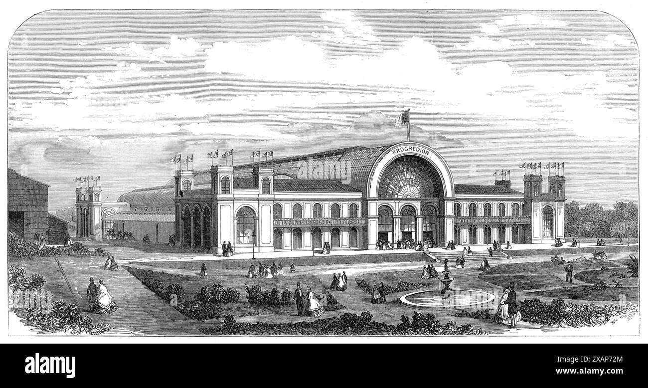 Der Kristallpalast der Portugiesischen Internationalen Ausstellung in Porto, 1865. "Das Hauptgebäude... ist dauerhaft aus Granit-Mauerwerk, Eisen und Glas gebaut, nach den Entwürfen des Ingenieurs, Mr. F. W. Sheilds... es wurde wunderschön von Mr. Owen Jones dekoriert. Die Abmessungen sind 362 ft. Um 238 Fuß; und es gibt ein permanentes kreisförmiges Nebengebäude von 130 Fuß. Durchmesser, sowie sehr große temporäre Anhänge, die daran befestigt sind. Diese Bauten befinden sich in hübschen Ziergärten, und die gesamten Ausgaben für das Unternehmen werden sich auf £100.000 belaufen, was rücksichtsvoll ist Stockfoto