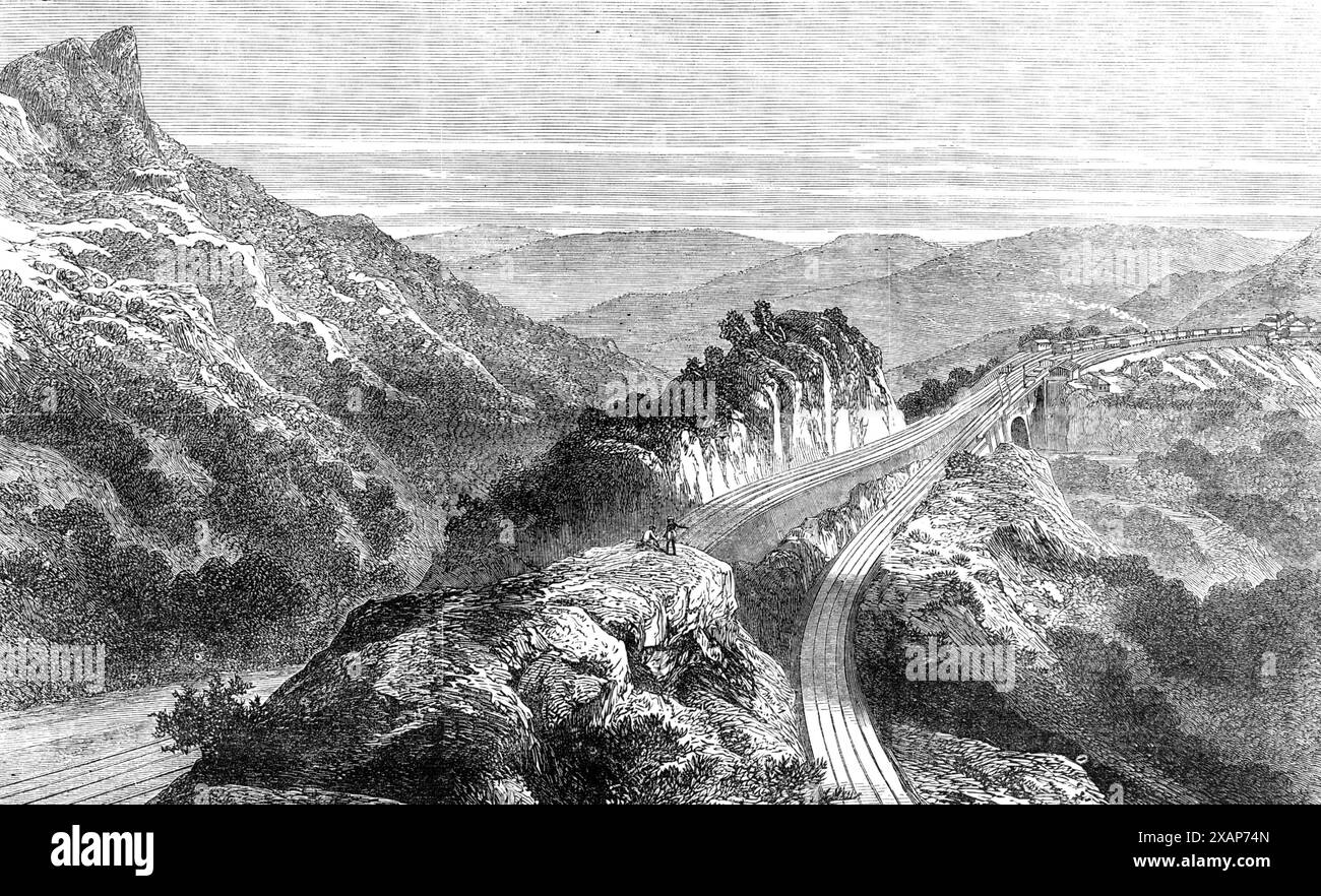 The Disaster on the Great Indian Peninsula Railway: The Wendestation, Bhore Ghaut, 1869. Tödlicher Unfall des Postzugs von Poonah nach Bombay, als er die Bhore Ghaut-Steigung hinunterstieg... als er die Spitze der Steigung erreichte, wurden die Motorbremsen und die vier Steigungsbremsen betätigt... der Fahrer und die Wachleute fanden heraus, dass sie die Bewegung des Zuges nicht kontrollieren konnten. und alle Bremsen waren hart angezogen und der Motor rückwärts. Dies hatte keinen Einfluss darauf, das Rauschen des Zuges auf dem steilen Gefälle zu kontrollieren; die Geschwindigkeit erhöhte sich, bis er eine furchtbare Geschwindigkeit erreichte, und stieg weiter an Stockfoto