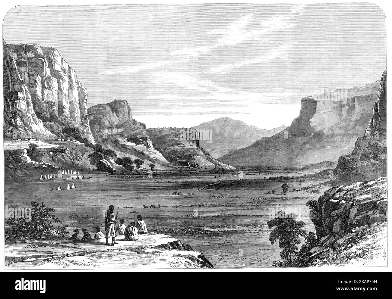 Die Expedition nach Abessinien: Goon-Goona, im Tal des Mai Muna, 1868. Blick auf den ersten Halt unserer britischen Truppen auf ihrem marsch nach Süden... nahe dem Weiler Goon-Goona, das britische Lager wurde am Fuße einer steilen Klippe aufgestellt... "es ist unmöglich", sagt ein Korrespondent, "um eine angemessene Vorstellung von der unendlichen Vielfalt an Gegensätzen in Form und Umriss zu geben, die in diesem Teil Abessiniens die Berge auf allen Seiten präsent sind - rund oder quadratisch, steil oder schräg, flach oder scharf, kuppelförmig oder schräg; jetzt allmählich Stockfoto