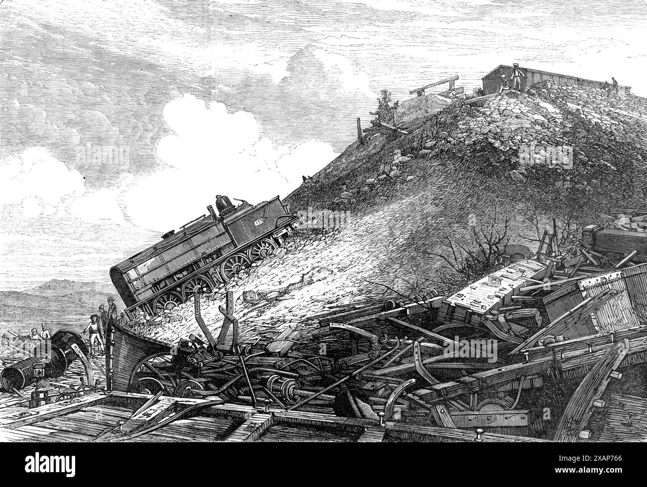 Die Katastrophe auf der Great Indian Peninsula Railway: Unfallort, 1869. Tödlicher Unfall des Postzuges von Poonah nach Bombay, als er die Bhore Ghaut hinabstieg, als er die Spitze der Steigung erreichte, die Motorbremsen und die vier Steigungsbremsen wurden betätigt... der Fahrer und der Wachmann fanden heraus, dass sie keine Kontrolle über die Bewegung des Zuges hatten... die Geschwindigkeit stieg an, bis sie eine schreckliche Geschwindigkeit erreichte, und sie stieg weiter an... der Triebwerkführer, der Steigungsschutz, zwei Hauptleitungswächter, zwei Feuerwehrleute, und die vier geneigten Bremser fanden heraus, dass es keine Hoffnung gab, dass der Zug anhalten würde Stockfoto