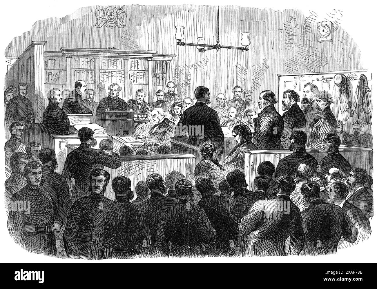 Die Fenian Häftlinge am Bow-Street Police Court [in London]: Examination of the Häftlinge, 1868. "Die fünf Personen, die wegen vorsätzlichen Mordes durch die Explosion der Mauer des Clerkenwell House of Internierung am 13. Dezember in Haft waren, waren wieder brought...before Sir Thomas Henry...[Ansicht] das Innere des Gerichts, mit dem Vorsitzenden Richter, Anwalt, Anwälten und... den Gefangenen im Dock. Ihre Namen sind Timothy Desmond und William Desmond, Brüder Jeremiah Allen, Nicholas English und Ann Justice. Der Anwalt der Anklage war Mr. Giffard, Q.C., und Mr. Polen; Mr. Lewis Stockfoto