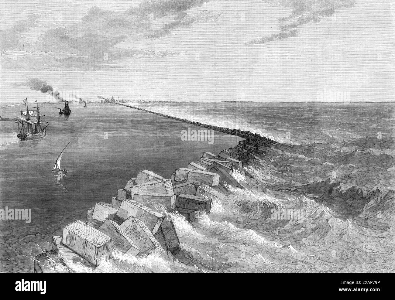 Isthmus of Suez Maritime Canal: Wellenbrecher bei Port Sa&#xef;d und mediterraner Eingang zum Kanal, 1869. Blick vom Meer auf den neuen Hafen und den westlichen Wellenbrecher. "Dieser Hafen wurde gebaut, indem zwei Wellenbrecher oder Maulwürfe ins Meer hinauslaufen, die aus riesigen Betonblöcken gebildet sind. Jeder Block misst zwölf Kubikyard und wiegt zweiundzwanzig Tonnen und besteht aus zwei Dritteln Sand und einem Drittel hydraulischem Kalk. Der Kalk wird aus Frankreich importiert, der Sand wird hier oben im Hafen ausgegraben. Jeder Block kostet ungefähr &#xa3;13. Sie werden nicht wie in Mauerwerk gelegt, sondern heruntergeworfen Stockfoto