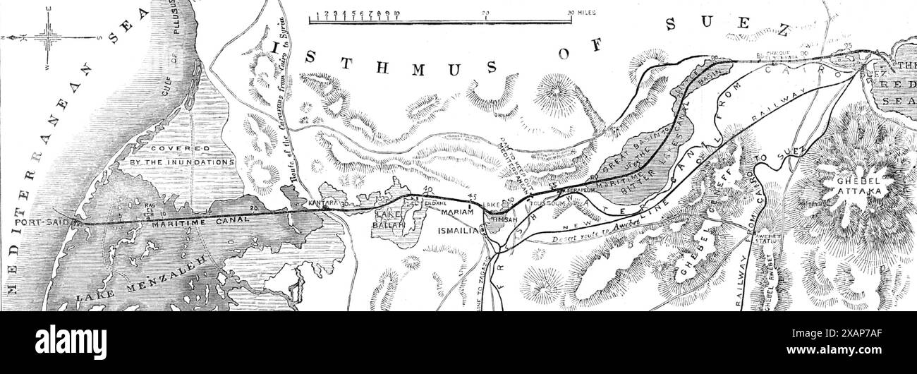 Der Isthmus von Suez Maritime Canal: Plan des Kanals mit dem kleinen Süßwasserkanal, 1869. "Schiffe können in etwa 16 Stunden durch das Mittelmeer zum Roten Meer fahren oder durch das Meer gezogen werden... und verlassen Port Sa&#xef;d der Kanal mündet in den Menzaleh-See, durch den der Kanal 21 Meilen lang verläuft... und den Menzaleh-See in Kantara verlassen, eine Station an der Wüstenroute zwischen Ägypten und Syrien, der Verlauf des Kanals liegt durch niedrige sandhügel. Er fließt dann in den Lake Ballah, durchquert ihn für eine Entfernung von acht Meilen und erreicht dann einen tiefen Einschnitt, der sich von El F erstreckt Stockfoto