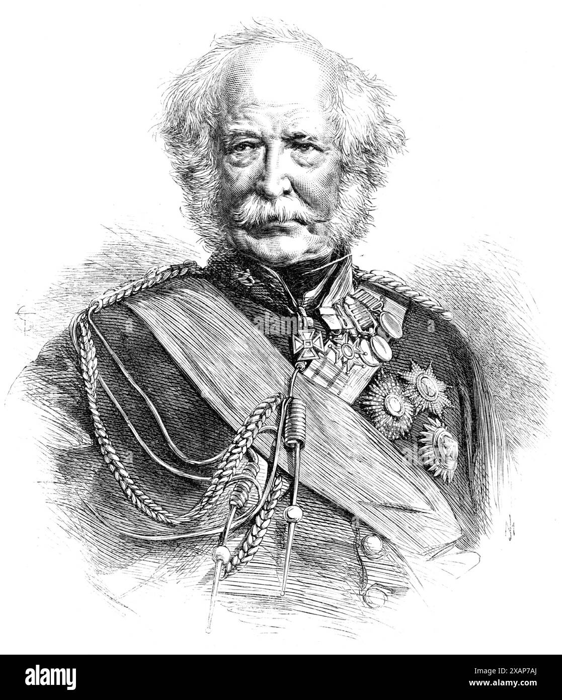 Der verstorbene Feldmarschall Lord Gough, 1869. Mit 13 Jahren erhielt Hugh Gough einen auftrag im Regiment seines Vaters...[er diente] in der 87. (Royal Irish Fusiliers) auf den Westindischen Inseln und war bei dem Angriff auf Porto Rico und der Gefangennahme von Surinam anwesend. und in St. Lucia...in 1809 wurde er auf die Halbinsel geschickt, um sich der Armee unter dem Herzog von Wellington anzuschließen. in der Schlacht von Talavera wurde er von einer Panzerung schwer verletzt, während er den Feind angreift. und sein Pferd wurde unter ihm erschossen... er ging nach Indien, um die Kommunikation zu übernehmen Stockfoto