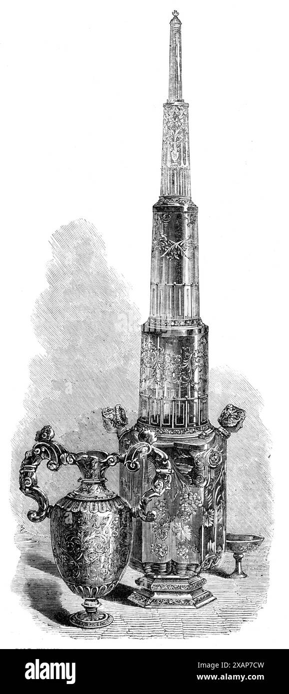 The Loan Collection, South Kensington Museum: Rock Crystal Vase und Central Table Ornament of Rock Crystal and Silver, (Deutsch, 17. Jahrhundert), 1868. "Die österreichische Regierung hat einige interessante Exemplare deutscher Lapidar- und Goldschmiedearbeiten des 17. Jahrhunderts zur Verfügung gestellt. Die eine ist eine Vase aus Steinkristall, in Goldemaille montiert. Das andere ist ein Herzstück zur Dekoration eines Tisches, bestehend aus fünf Steinkristallen, die in emailliertem Silber montiert sind; die Gravur auf den Kristallen stammt wahrscheinlich von einem italienischen Künstler. Aus Illustrated London News, 1868. Stockfoto