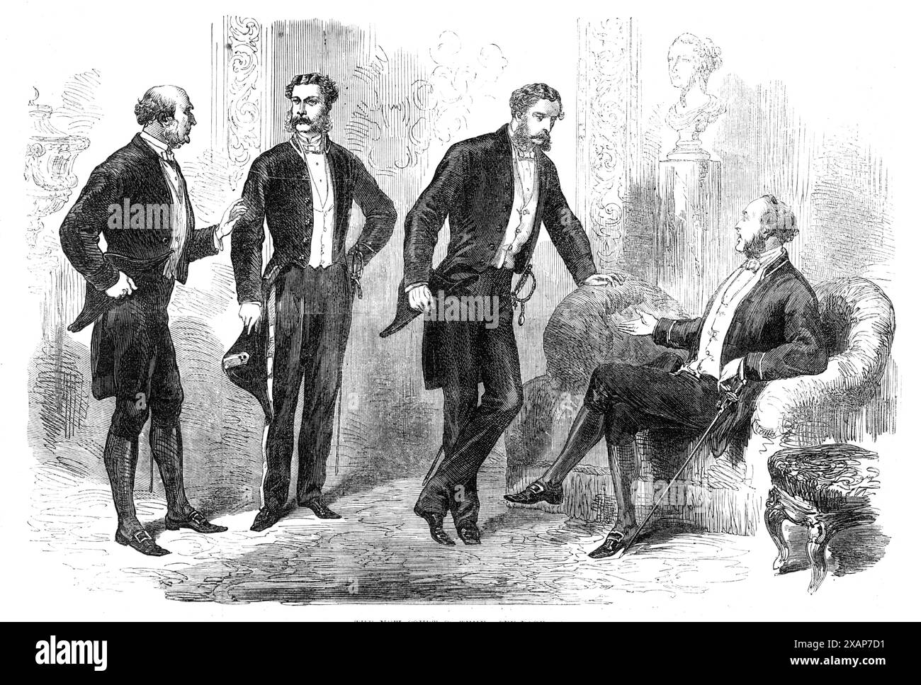 Das neue Hofkostüm, 1869. Der Befehl des Lord Chamberlain, der vor ein paar Tagen erlassen wurde, über die künftige Regelung der Kleidung der Herren, die am Hof Ihrer Majestät präsentiert wird, scheint sehr allgemein angenommen zu sein. Die Herren am Hof können sich für zwei völlig neue Kleider entscheiden, oder sie behalten noch das alte Hofkleid mit seiner langen Weste und Taschenperücke. Sie dürfen fortan bei Lev&#xe9;es einen dunkelfarbenen Stoffmantel mit einem goldgestickten Stehkragen, eine weiße Weste und eine dunkelfarbene Stoffhose mit einem goldenen Streifen an der Naht tragen Stockfoto