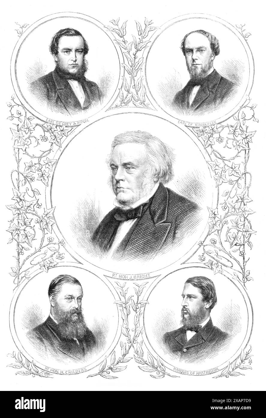 Das Neue Ministerium, 1869. Gravuren von "...fünf Mitgliedern von Mr. Gladstone's Kabinett... Sie sind Mr. Bright, Präsident des Board of Trade [Mitte]; Lord Kimberley, der Lord Privy Seal ist [oben rechts]; Lord de Grey und Ripon, Lord President of the Council [oben links]; Lord Hartington, Postmaster-General [unten rechts]; und Mr. Childers, erster Herr der Admiralität [unten links]... das Porträt von Mr. Bright ist von einem Foto von Mr. H. J. Whitlock, New-Street, Birmingham, graviert; und die anderen vier Porträts stammen von Fotos von Mr. John Watkins, Parliament-Street, Westminster'. Von „Il Stockfoto