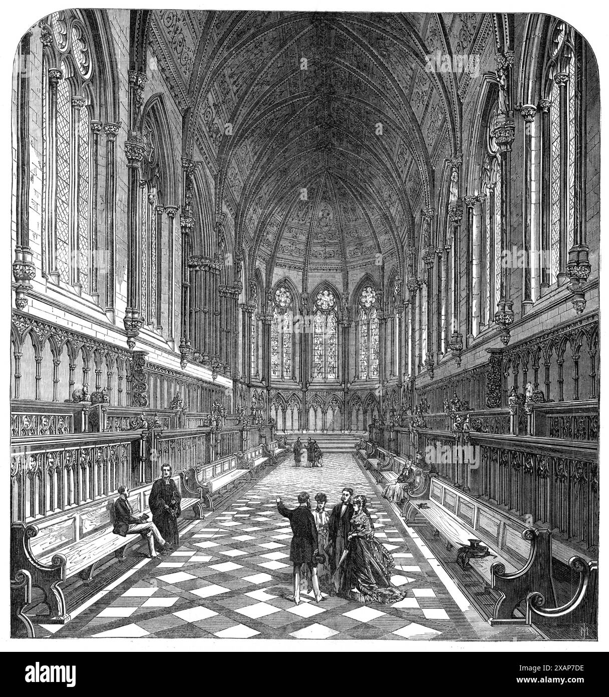 The New Chapel of St. John's College, Cambridge, 1869. "Dieses Gebäude, errichtet nach den Plänen von Mr. G. Scott, R.A., wird wahrscheinlich den zweiten Platz in der kirchlichen Architektur in Cambridge einnehmen, nach der Kapelle des King's College... es ist im frühen Stil dekoriert, das war der originale Stil der alten Kapelle... das Porzellan der verschiedenen Fenster ist vielfältig und reich, und die Schnitzereien, die das Äußere und Innere schmücken, sind gut ausgeführt und haben eine sehr angenehme Wirkung. Die Decke ist aus Holz geformt...die Querschiffe sind mit Stein gewölbt...Eine große Menge farbiger mar Stockfoto