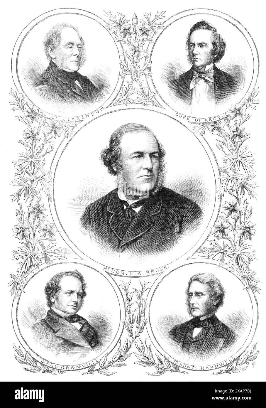 The New Ministry: The Secretaries of State, 1869. "Porträts der fünf wichtigsten Staatssekretäre Ihrer Majestät - George Frederick William, 4. Earl of Clarendon, Außenminister [oben links]; Granville George Leveson Gower, 2. Earl Granville, Sekretär für die Kolonien [unten links]; Henry Austin Bruce, Sekretär für das Innenministerium [Mitte]; Mr. Edward Cardwell, Sekretär für das Kriegsministerium [unten rechts]; und George Douglas Campbell, 8. Duke of Argyll, Sekretär für Indien [oben rechts]... das Porträt von Earl Granville ist auf einem Foto von M graviert Stockfoto