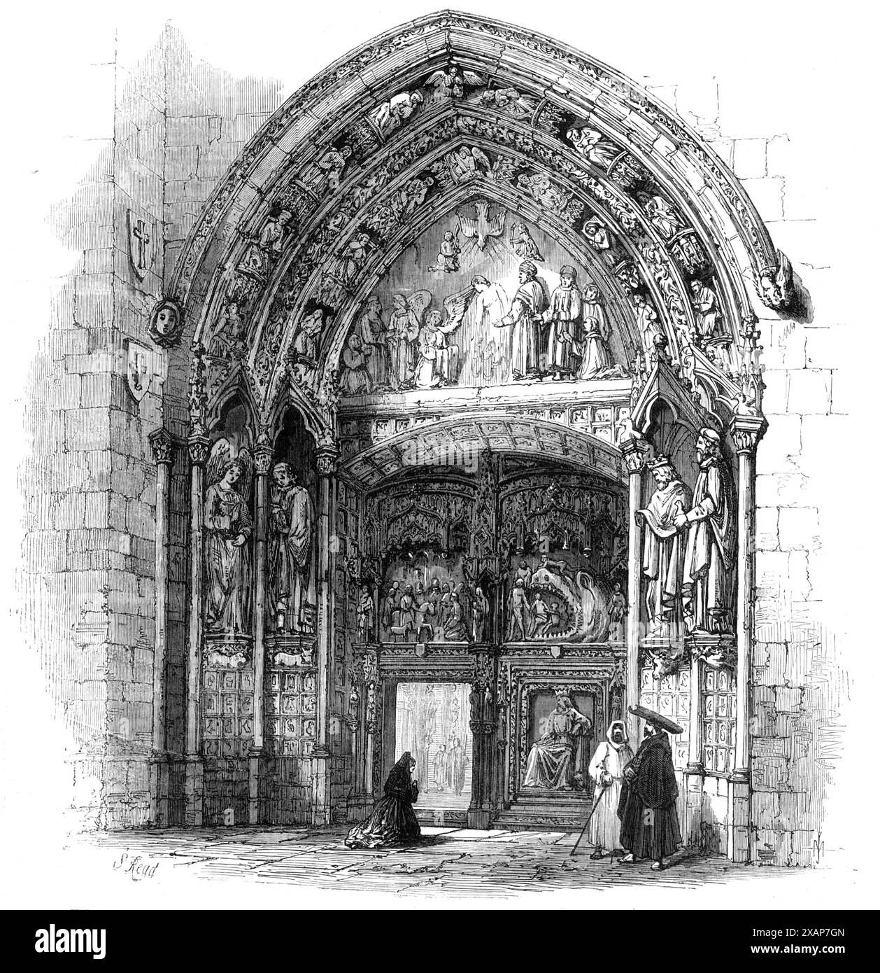 Die spanische Revolution: Eingang vom Kreuzgang zur Kathedrale von Burgos, wo der Gouverneur ermordet wurde, 1869. "Die grausamen Taten einiger Fanatiker beim Mord an dem Gouverneur von Burgos, Don Isidore Gutierrez de Castro, am Samstag, dem 23. Januar, als er dort im Auftrag des Ministers für öffentliche Instruktion war, um eine Bestandsaufnahme der... Kunstschätze in der Verwaltung des Kapitels anzufertigen, hat ein starkes Empfinden der Empörung unter dem spanischen Volk ausgelöst. Es scheint, dass der Gouverneur... die öffentlichen Türen der Kathedrale verschlossen fand und dann durch die Archbis eingedrungen war Stockfoto