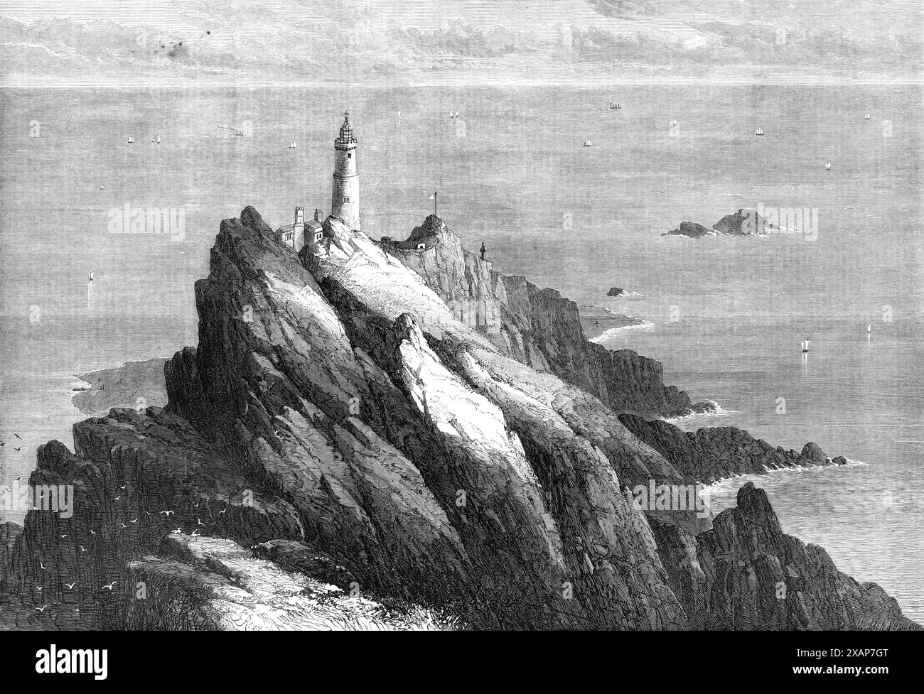 The Start Lighthouse, South Devon, 1868. „Der Leuchtturm am Startpunkt... steht auf einer der westlichsten Landzungen des Ärmelkanals, der als Ausgangspunkt für auswärts fahrende Schiffe und sehr häufig das erste Land, das auf der Heimfahrt gesichtet wurde, von großer Bedeutung ist. Der Leuchtturm, der 1836 errichtet wurde, ist aus Granit gebaut, auf einer runden Basis und hat eine Höhe von 92 m. Hoch. Von der Laterne, durch die sie überwunden wird, wird ein rotierendes oder blinkendes Licht erster Ordnung ausgestellt, das einmal pro Minute ein helles Blitz aufleuchtet. Dies ist auf die inzwischen bekannten dioptrischen s ausgewirkt Stockfoto