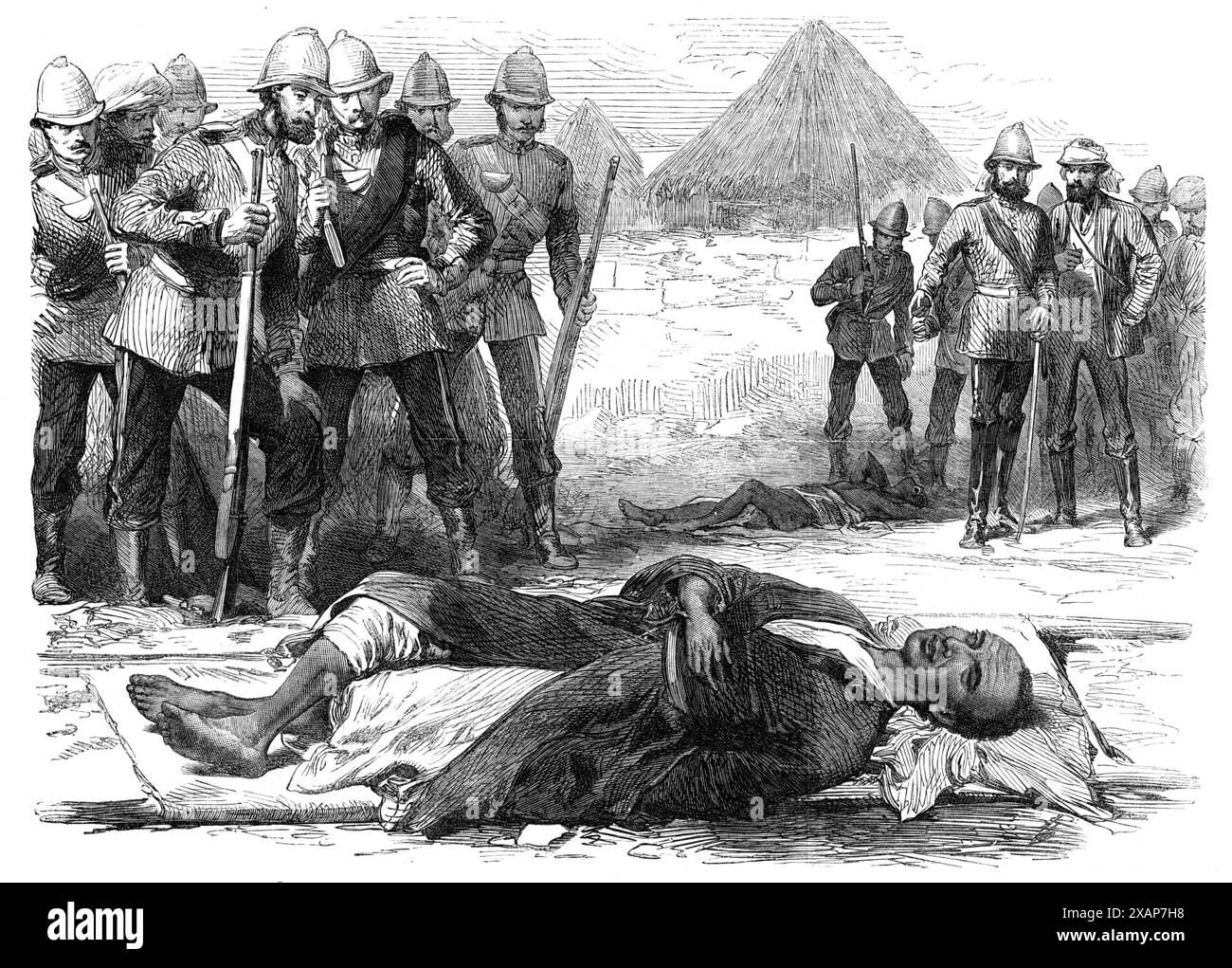 Der Krieg in Abessinien: König Theodore, als er tot in Magdala lag, 13. April 1868. Gravur einer Skizze von Major H. A. Leveson. Theodore (Kaiser Tewodros II.) zog sich in der Festung Magdala zurück und erwartete den Vormarsch der Briten. Theodore, der bereits sein königliches Gewand aus Seide fallen ließ, um der Beobachtung zu entgehen, floh vom Tor zu einem Ruhestand höher auf der Zitadelle... nach einem verzweifelten Widerstand, als die britischen Truppen sich in die Festung drängten, erschoss er sich selbst und steckte ihm die Pistole in den Mund... seine Leiche wurde... allein auf dem Hügel über... von dort aus gefunden Stockfoto Der Krieg in Abessinien: König Theodore, als er tot in Magdala lag, 13. April 1868. Gravur einer Skizze von Major H. A. Leveson. Theodore (Kaiser Tewodros II.) zog sich in der Festung Magdala zurück und erwartete den Vormarsch der Briten. Theodore, der bereits sein königliches Gewand aus Seide fallen ließ, um der Beobachtung zu entgehen, floh vom Tor zu einem Ruhestand höher auf der Zitadelle... nach einem verzweifelten Widerstand, als die britischen Truppen sich in die Festung drängten, erschoss er sich selbst und steckte ihm die Pistole in den Mund... seine Leiche wurde... allein auf dem Hügel über... von dort aus gefunden Stockfoto