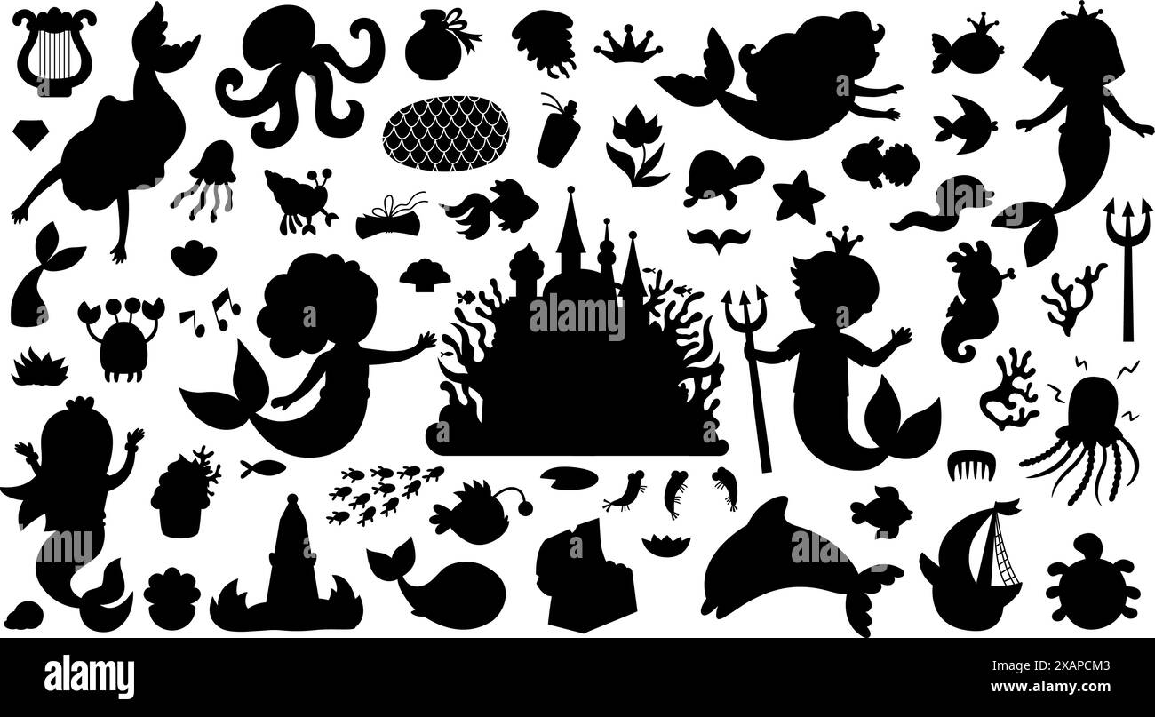 Vektor Meerjungfrau Silhouetten Set. Unterwasser Königreich schwarze Schatten Sammlung mit Prinzessin, Fisch, Burg, Algen, Tierschätze, schildkröte. Cartoon Stock Vektor