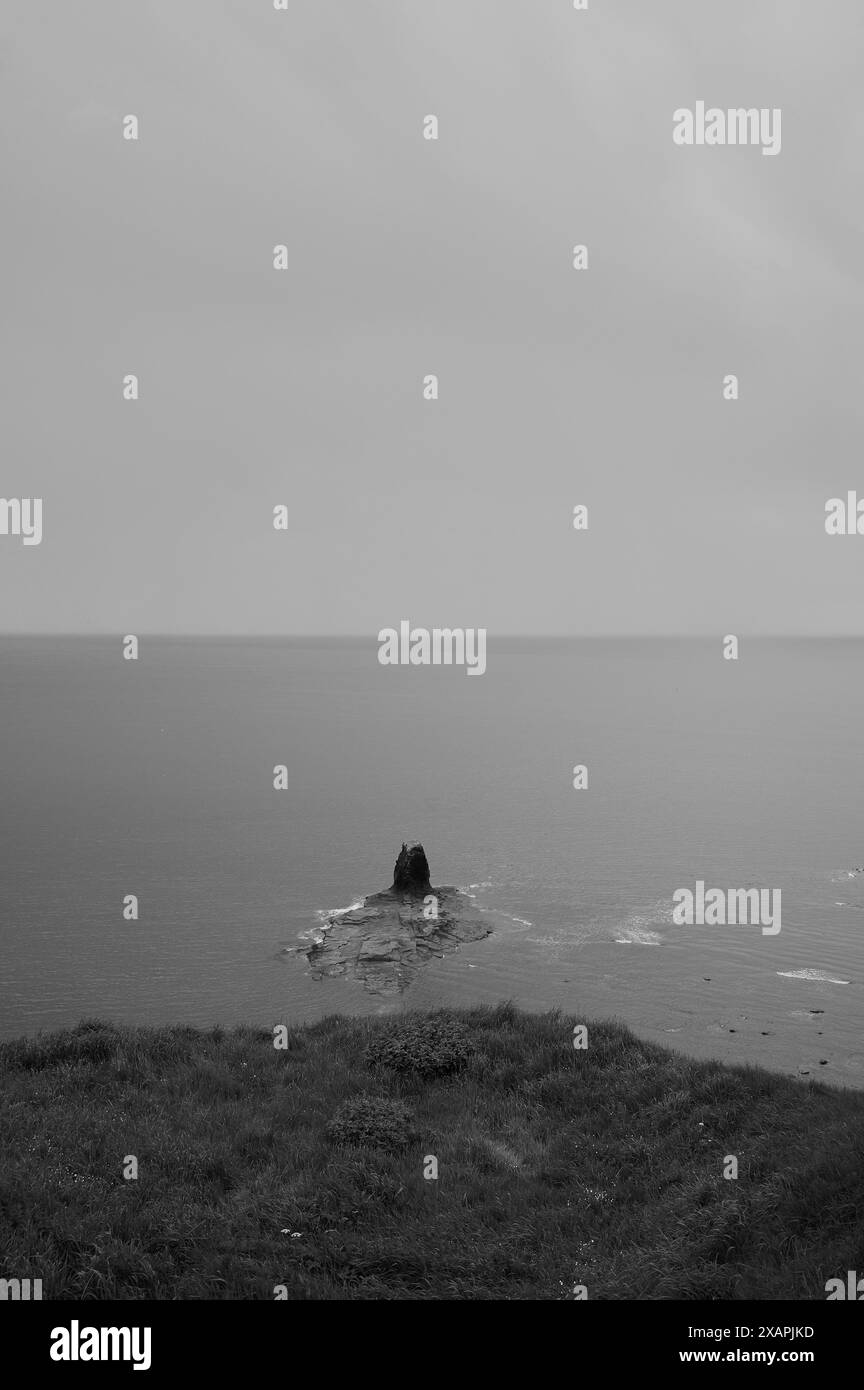 Schwarzweiß-Monoton-Bild einer kleinen Insel und bewölktem Himmel und Meer vor der britischen Küste Stockfoto