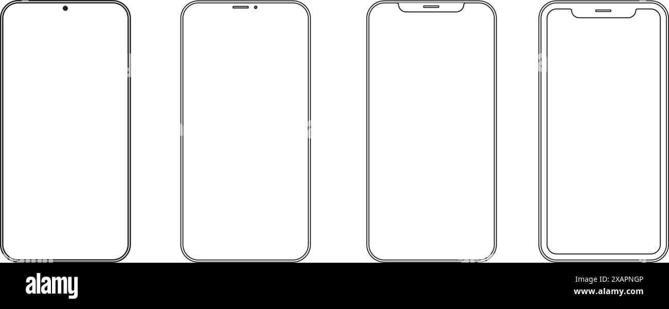Stellen Sie hochwertige, realistische Smartphones in verschiedenen schwarzen Modellen mit leerem Touchscreen-Symbol in der Frontansicht ein. Stock Vektor