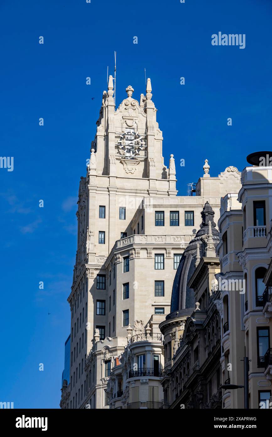 Detail des Telefónica-Gebäudes (Edificio Telefónica), Gran Via 18, Madrid, Spanien Stockfoto