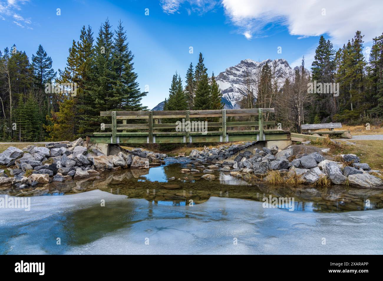 Johnson Lake gefrorene Wasseroberfläche im Winter. Schneebedeckter Cascade Mountain im Hintergrund. Banff National Park, Kanadische Rockies, Alberta, Kanada. Stockfoto