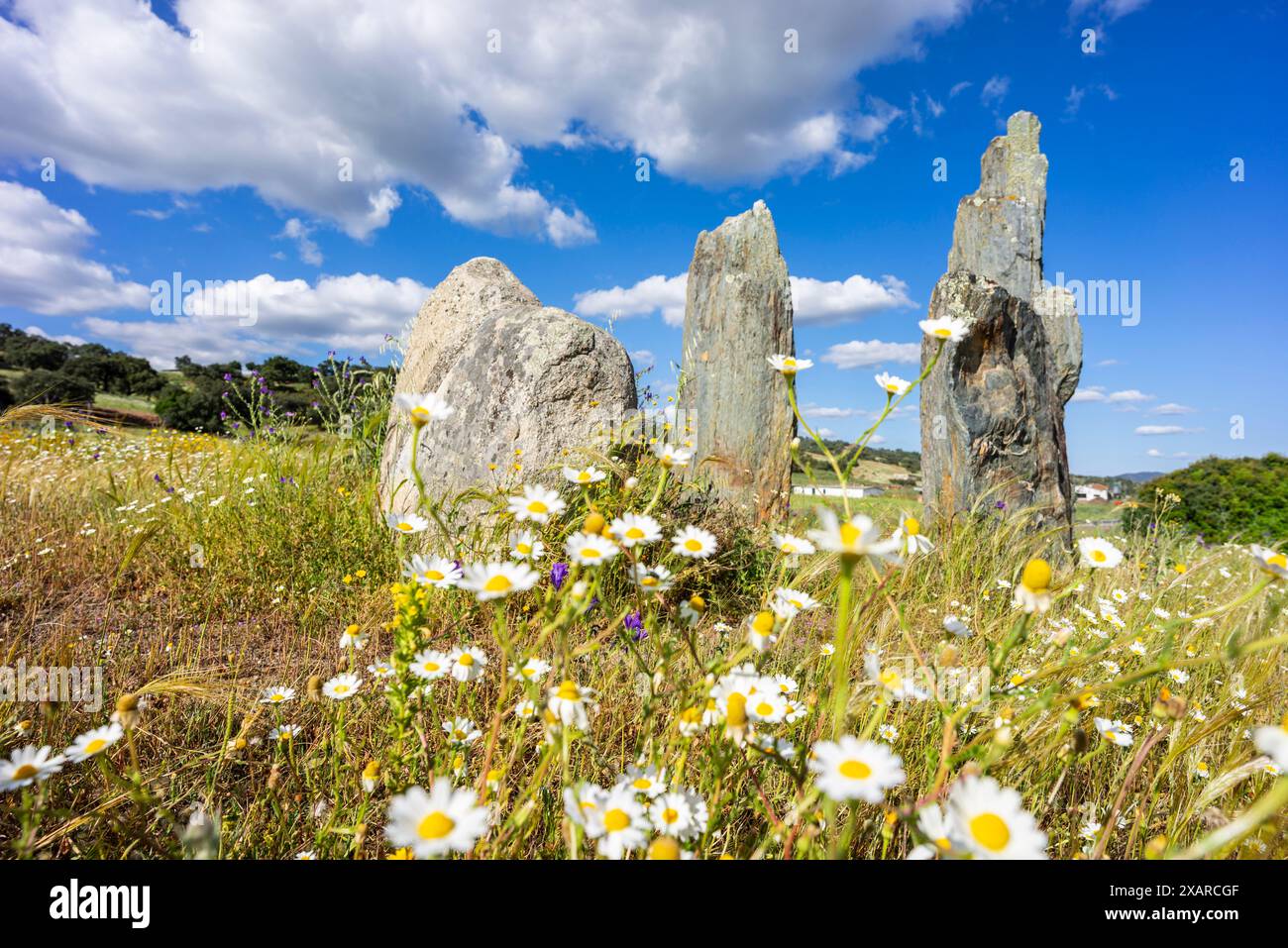 Cromlech von La Pasada del Abad (La Parada del Abad) Rosal de la Frontera, Huelva, Andalusien, Spanien. Stockfoto