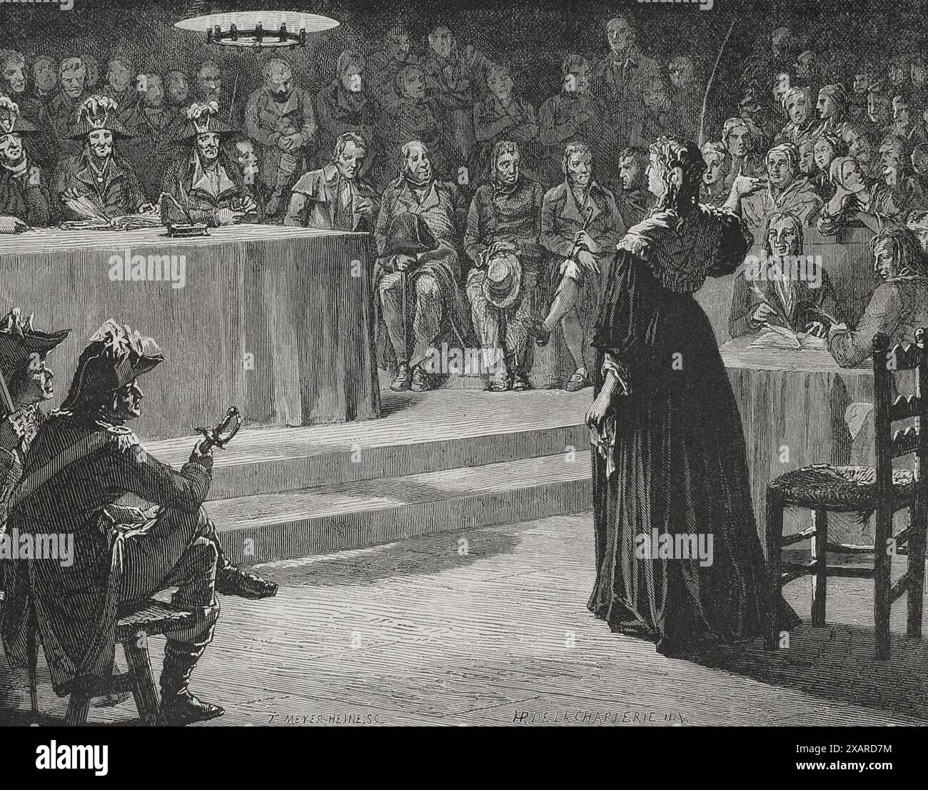 Marie Antoinette (1755-1793). Königin von Frankreich durch ihre Heirat mit Ludwig XVI. Von Frankreich. Marie-Antoinette stand 1793 vor dem Revolutionsgericht. Sie wurde am 16. Oktober 1793 zum Tode verurteilt. Zeichnung von Hippolyte de la Charlerie. Stich von Meyer-Heine. "Geschichte der Französischen Revolution". Band I, 1876. Verfasser: Théodore Meyer-Heine (Fl. 1863-1881). Französischer Graveur. Hippolyte de la Charlerie (1827-1869). Belgischer Künstler. Stockfoto