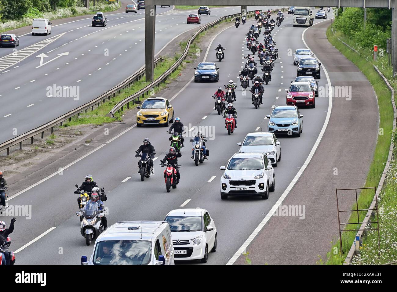 Dave Myers Tribute Ride, M6 in Richtung Norden in Richtung Preston, Lancashire, Großbritannien Stockfoto