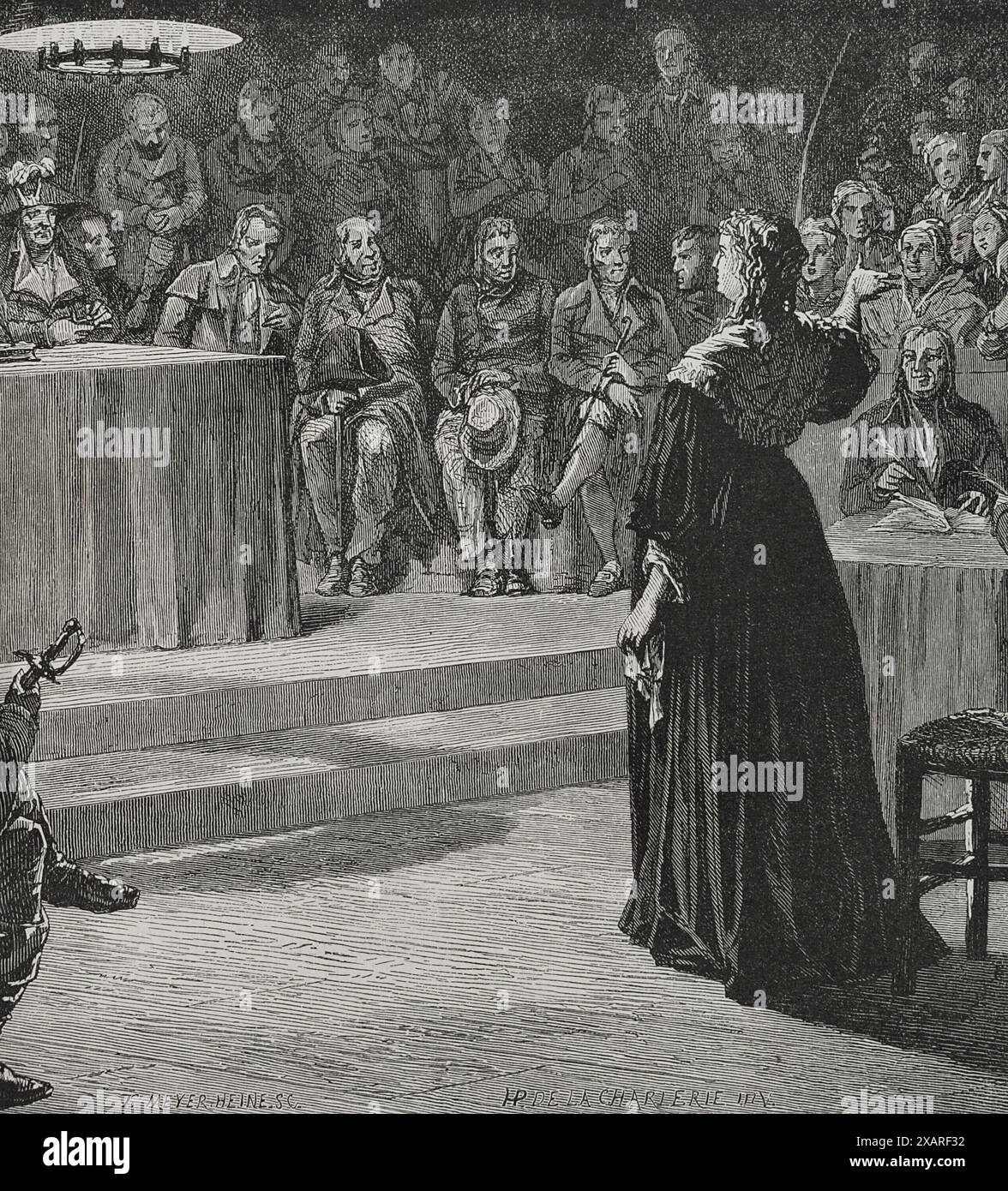 Marie Antoinette (1755-1793). Königin von Frankreich durch ihre Heirat mit Ludwig XVI. Von Frankreich. Marie-Antoinette stand 1793 vor dem Revolutionsgericht. Sie wurde am 16. Oktober 1793 zum Tode verurteilt. Zeichnung von Hippolyte de la Charlerie. Stich von Meyer-Heine. Details. "Geschichte der Französischen Revolution". Band I, 1876. Verfasser: Théodore Meyer-Heine (Fl. 1863-1881). Französischer Graveur. Hippolyte de la Charlerie (1827-1869). Belgischer Künstler. Stockfoto