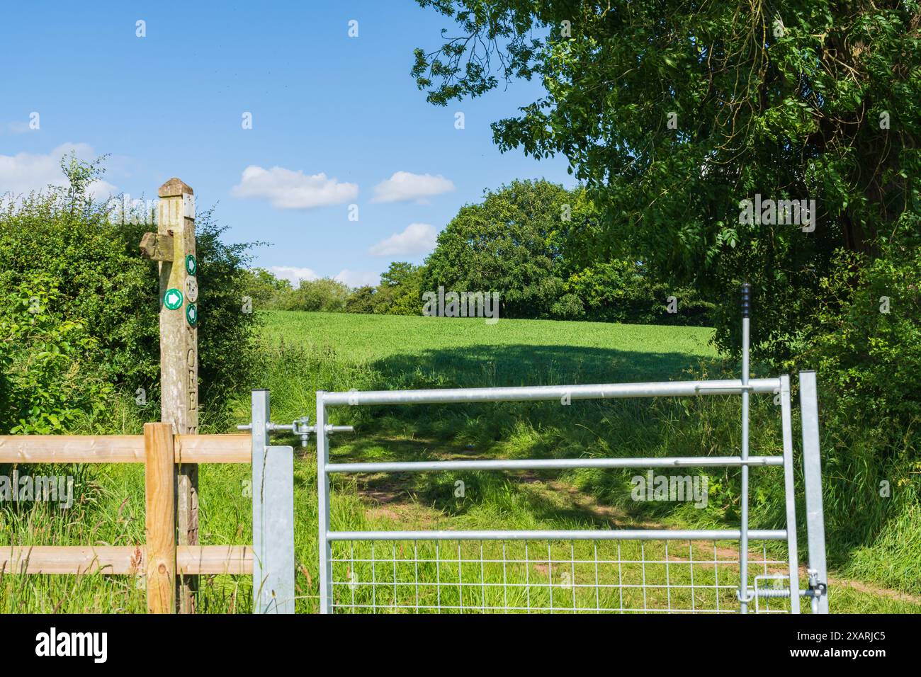 Tor zu einem öffentlichen Fußweg über Ackerland in der englischen Landschaft Stockfoto