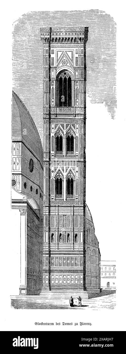 Giottos Glockenturm in Florenz, ein architektonisches Juwel im italienischen Renaissance-Design. Das Kunstwerk fängt die eleganten, vertikalen Linien des Turms und die detaillierte Marmorverkleidung ein, die die Harmonie und das Verhältnis verkörpert, die in der Renaissance-Architektur gefeiert werden. Der Glockenturm neben der Kathedrale von Florenz ist ein Zeugnis von Giottos Genie und bietet eine atemberaubende Aussicht, die Besucher und Künstler gleichermaßen in den Bann zog Stockfoto